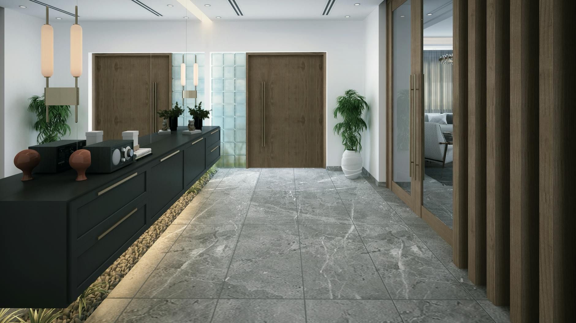 Travertine stone tile install in a foyer